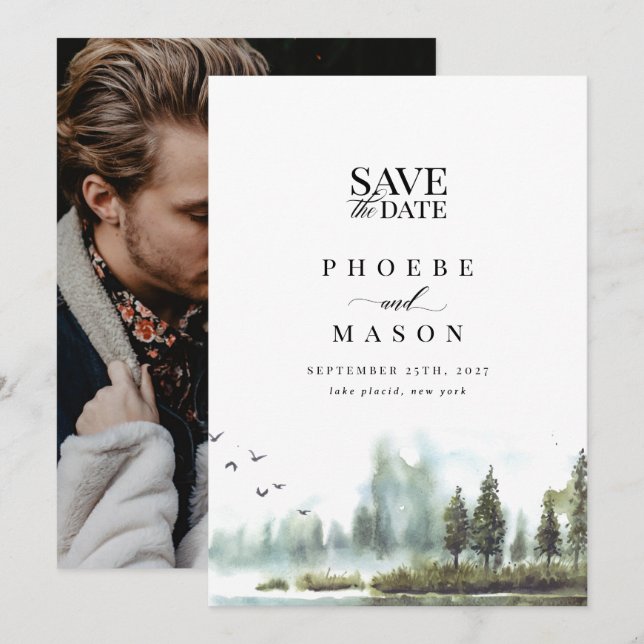 Fotodatum för träden i skogsområdet Sjö Bröllop Inbjudningar (Fram/baksida)