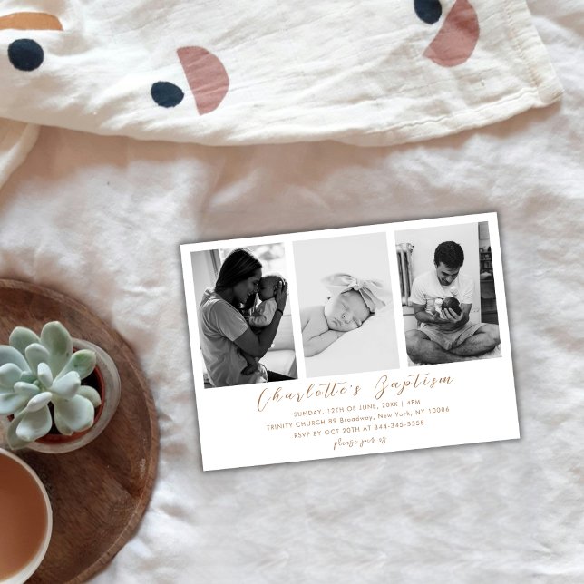 Fotodobaptism i Baby i den moderna Guld-skriptfami Inbjudningar (Modern Gold Script Family Baby Photo Baptism Invitation)