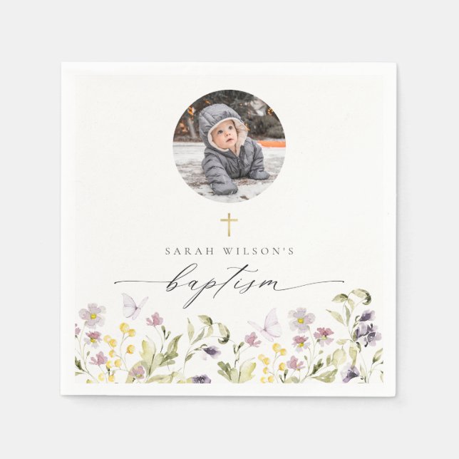 Fotodobaptism i Cute Rosa Meadow Blommigt Butterfl Pappersservett (Framsidan)