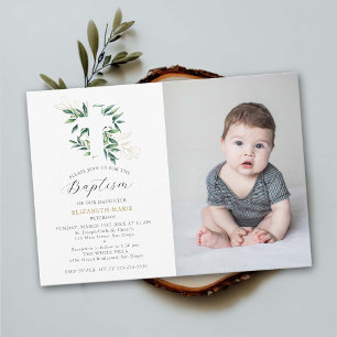 Fotodobaptism i Greenery Guld Foliage Baby Småbarn Inbjudningar