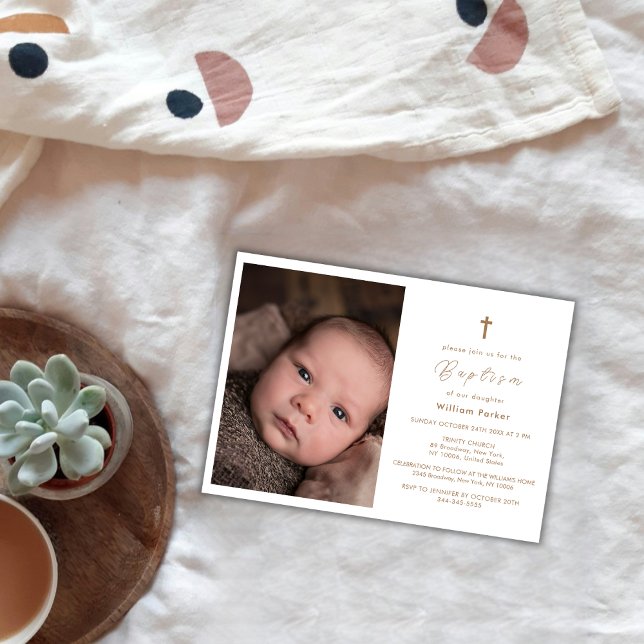 Fotodobaptism i modern Elegant Guld Kor Baby Inbjudningar (Modern Elegant Gold Cross Baby Photo Baptism Invitation)