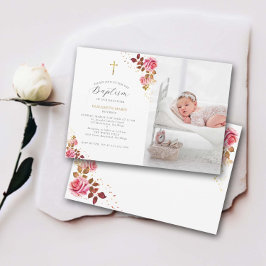 Fotodobaptism i rosa ros Guld Kor Baby Småbarn Inbjudningar