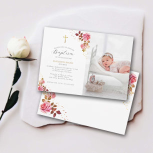 Fotodobaptism i rosa ros Guld Kor Baby Småbarn Inbjudningar