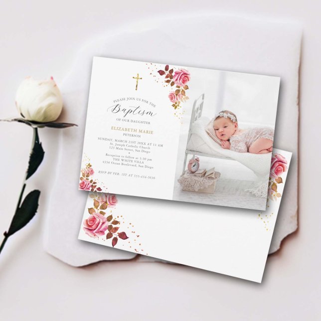 Fotodobaptism i rosa ros Guld Kor Baby Småbarn Inbjudningar (baby girl baptism invitation christening pink gold roses floral frame cross elegant modern classic)