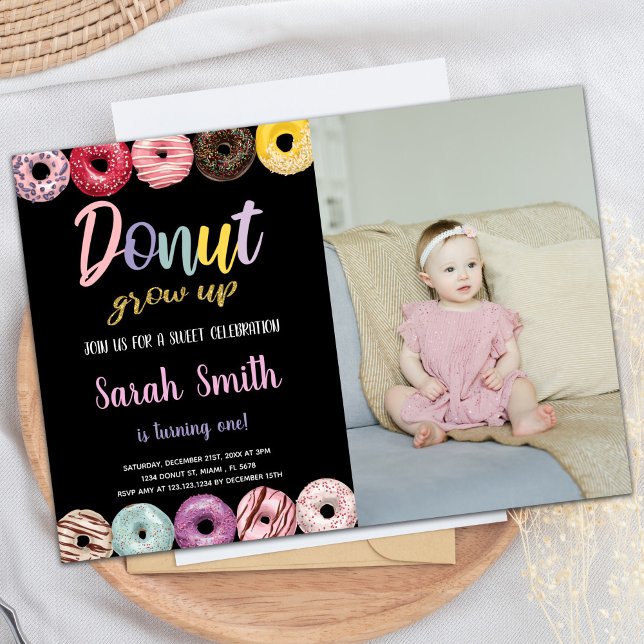 Fotodoninbjudningar till Black Glitter Gult Inbjudningar (Black Glitter Yellow Photo Donut Invitations)