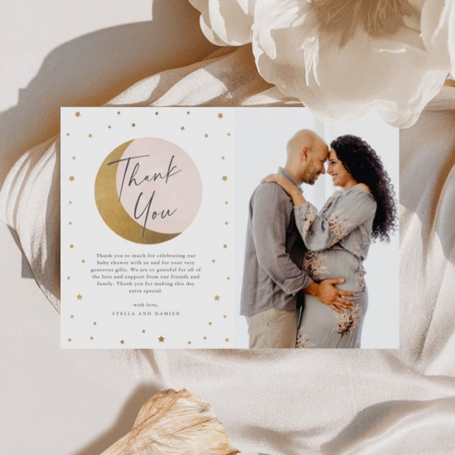 Fotodusch för måne och stjärnor tack kort (Gold Moon and Stars Pink Girls Baby Shower Photo Thank You Card.)