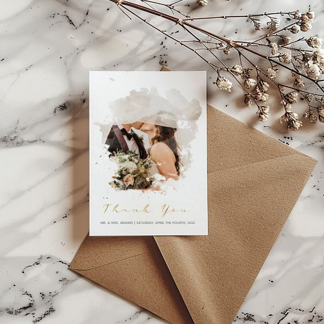 Fotoeffekt med vattenfärg, tack vare bröllop-korte (Modern wedding thank you card with the option to add your own photo to the watercolour photo effect)
