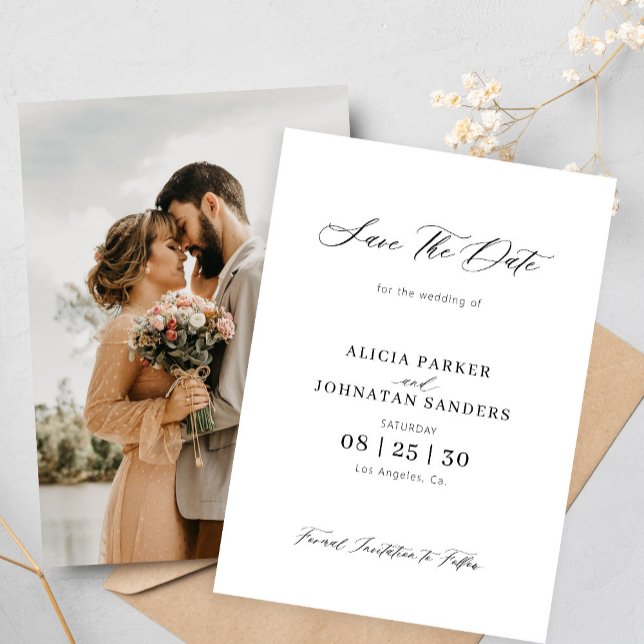 Fotoenkel elegant svart och vit bröllop spara datumet (Skapare uppladdad)