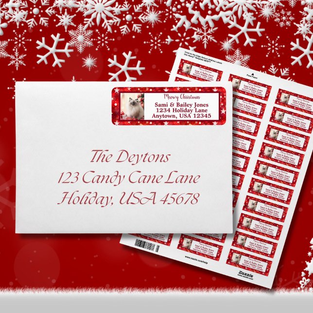 Fotoetikett för elegant Red & White Helgdag Returadress Etikett (Elegant Red and White Stars  Holiday Envelope Label)