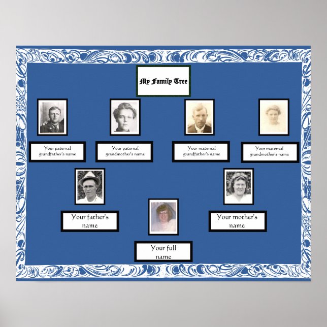 Fotofamiljen Träd White Swirled Gräns på Blue Poster (Framsidan)