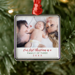 Fotofamiljen tre första jul julgransprydnad metall