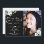 Fotofärg, Bat mitzvah, svart, Silver-Blommigt, vat<br><div class="desc">Var stolt, gladd och visa den här milstolpen av din favoritBat mitzvah med den här sofistikerade personligen fotoinbjudan! En chic, förbluffande, vit och faux silver blommigt vattenfärg, faux silver foil-skript typografi och vit sans serif-typ täcker över en dramatisk svart bakgrund på den lämnat sidan, din personlig på högerna. Ytterligare vattenfärgblommor...</div>