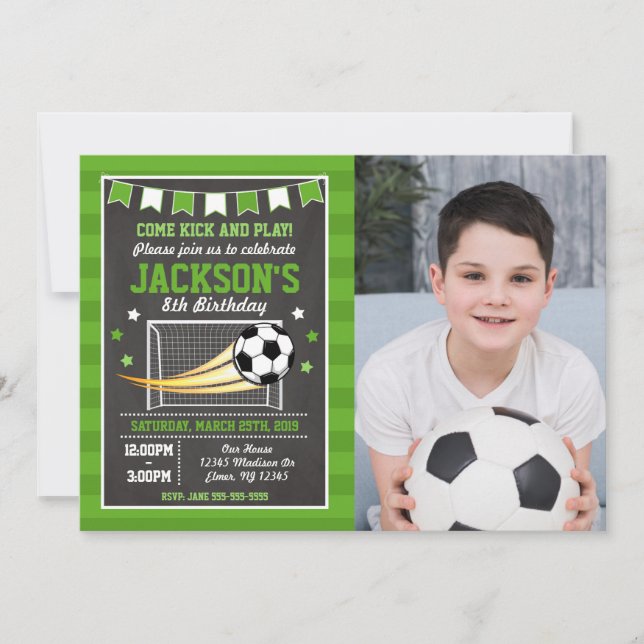 Fotofestkort för pojkar fotboll Invitation Inbjudningar (Framsida)