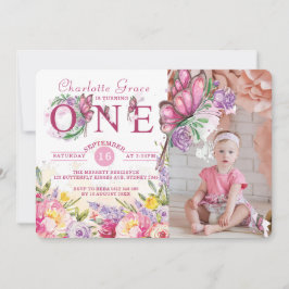 Fotofjäril Watercolor Blommigt First Birthday Inbjudningar
