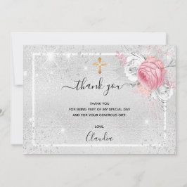 Fotoflicka för Baptism silver glitter rosa blommig Tack Kort