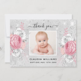 Fotoflicka för Baptism silver glitter rosa blommig Tack Kort