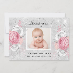 Fotoflicka för Baptism silver glitter rosa blommig Tack Kort