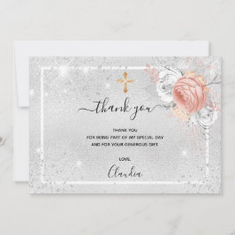 Fotoflicka för Baptism silver ro guld blommigt Tack Kort