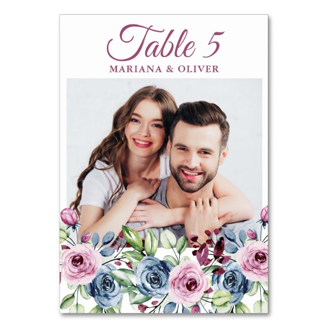 Fotoflottan Blue Burgundy Blommigt Bröllop Bord Nu Bordsnummer (Framsidan)