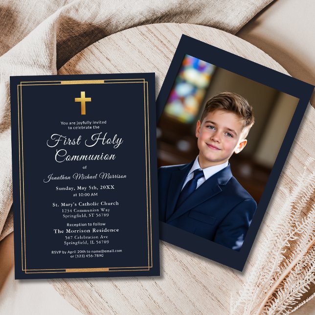 Fotoflottan Blue Guld First Heliga Communion Inbjudningar (Skapare uppladdad)