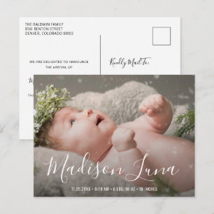 Fotofödelse för elegant Script Namn Flicka Meddelande Vykort