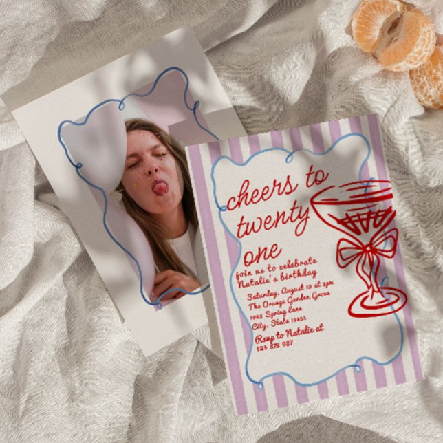 Fotofödelsedag för 21:a rött Hand plockade-champag Inbjudningar (Skapare uppladdad)