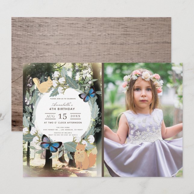 Fotofödelsedag för fantastiska trädsdjur inbjudningar (Fram/baksida)