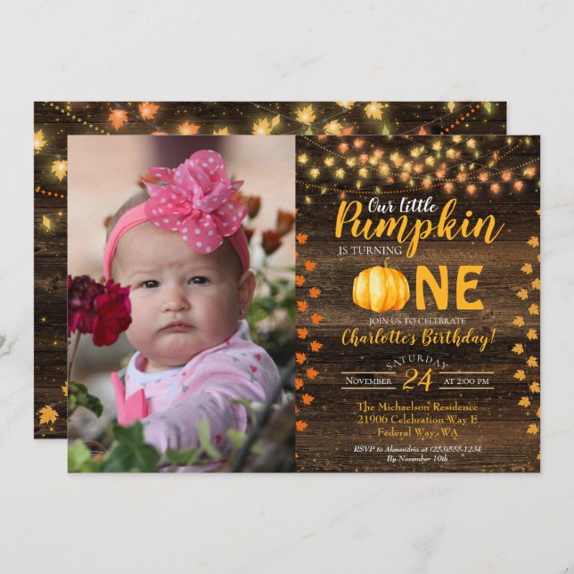 Fotofödelsedag för hösten Rustic Fall Land Inbjudningar (Fram/baksida)