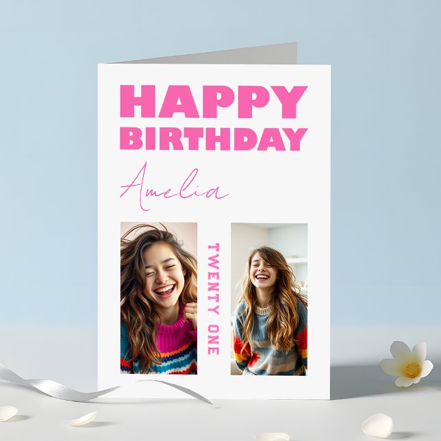 Fotofödelsedag med fetstil, Shock rosa Kort (Skapare uppladdad)