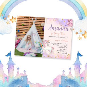 Fotofödelsedagen för vattenfärgen Cute Unicorn Gli Inbjudningar