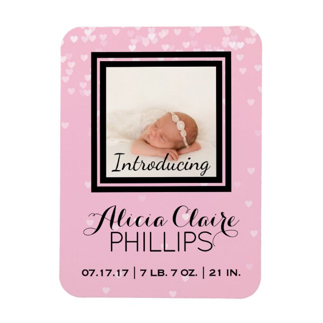 Fotofödelsemeddelande | Flicka Rosa Hearts Magnet (Vertikal)