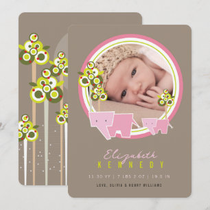 Fotofödsel för Cute Rosa Elephants Family Flicka Meddelande