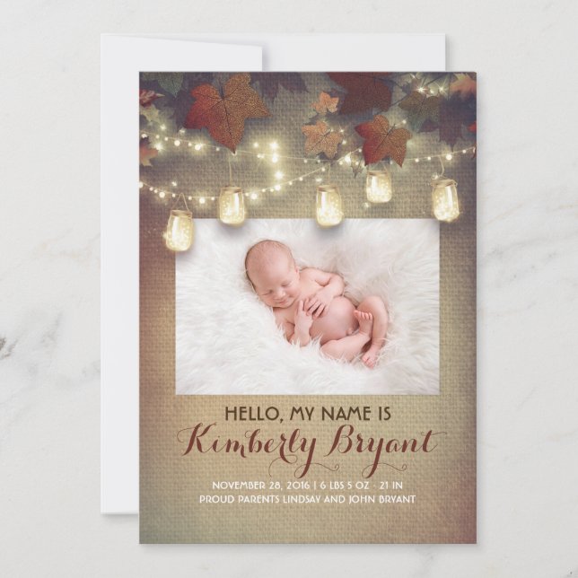 Fotofödsel vid Rustic Fall Mason Burk Ljus Baby Meddelande (Framsida)