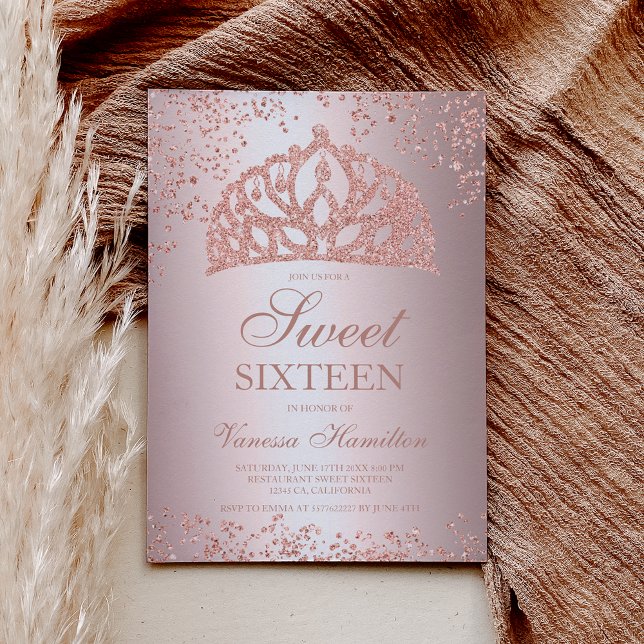 Fotofolie av ro i glitter, krona tiara Sweet 16 Inbjudningar (Skapare uppladdad)