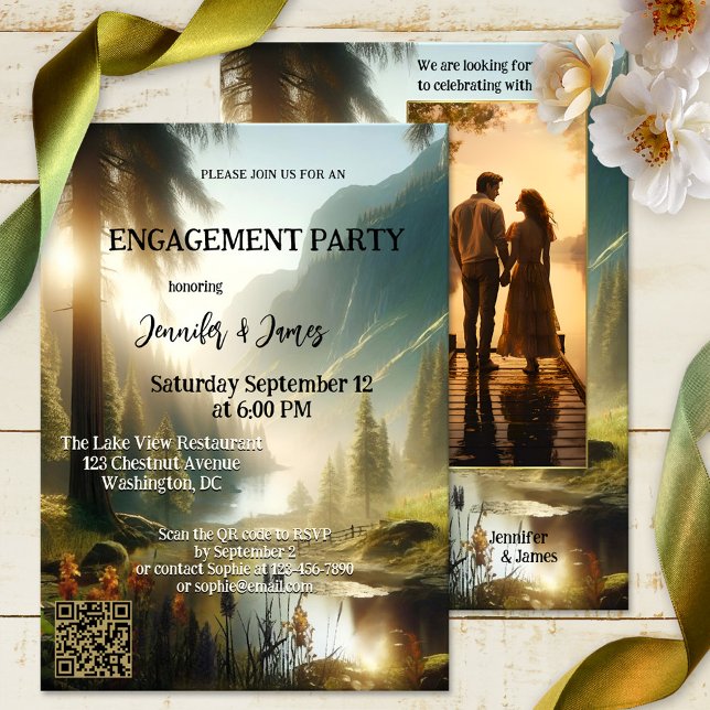 FotoFörlovning för fantastiska skogbergen Inbjudningar (A photo engagement party invitation showing a painting of an enchanted forest in the mountains)