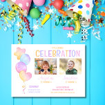 Fotofoto från Cute Colorful Balloon Kids Joint Bir Inbjudningar<br><div class="desc">Färgballonger med luddig färgballong födelsedagsfest inbjudan med hjärt- och stjärnformsballong och två foton. All text kan anpassas.</div>