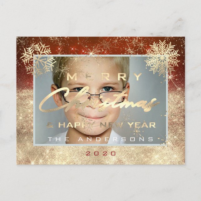Fotofoto god jul Gott nytt år Guld Snö Vykort (Framsida)