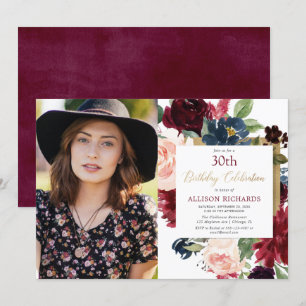 Fotofoto på Burgundy rosa guld blommigt- Inbjudningar