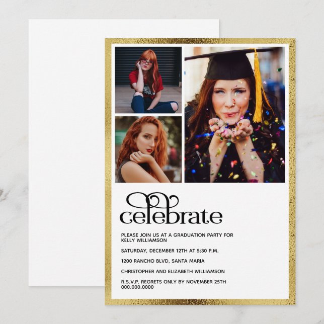 Fotofoto studenten Guld Student Inbjudningar (Fram/baksida)