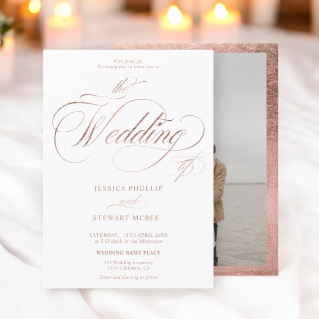 Fotofotografi för eleganten chic i ro guld, bröllo inbjudningar (Chic rose gold elegant photo calligraphy wedding invitation)