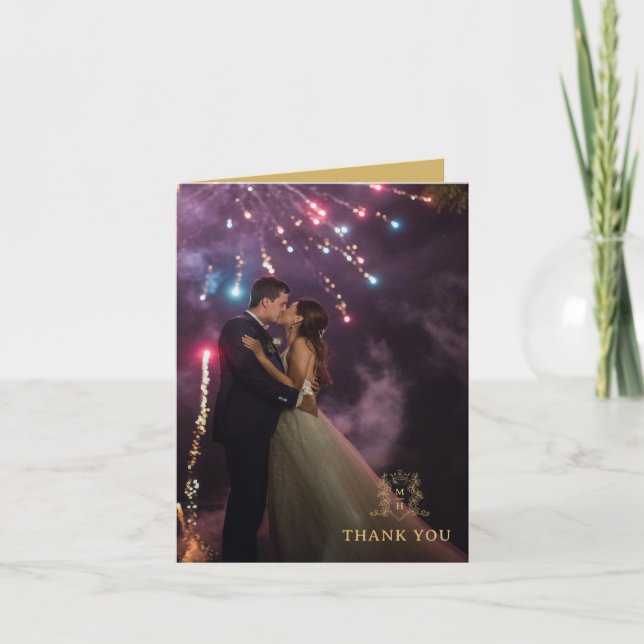 Fotofotot av guld, hjärtmonogram, vit bröllop tack kort (Framsida)