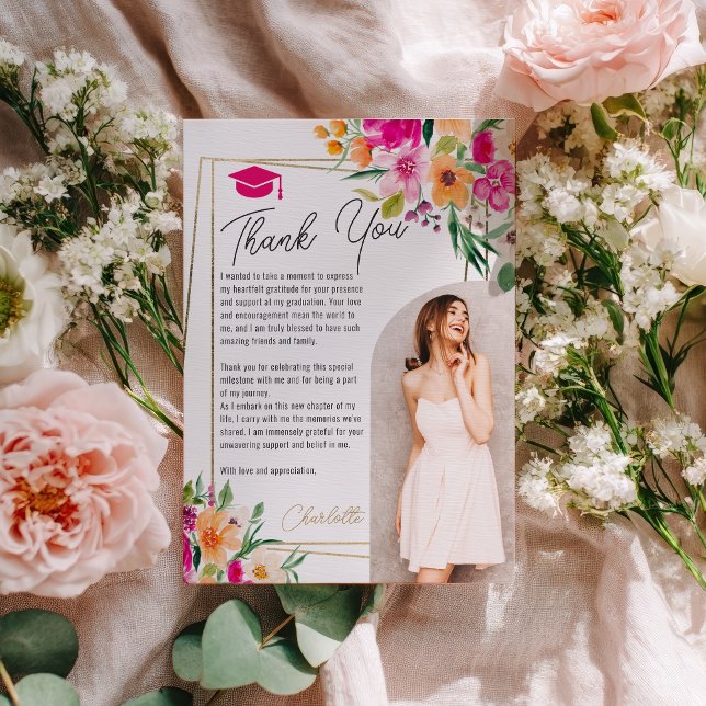 Fotofotot studenten i blommigten guld inbjudningar (Boho garden floral gold photo graduation invitation)