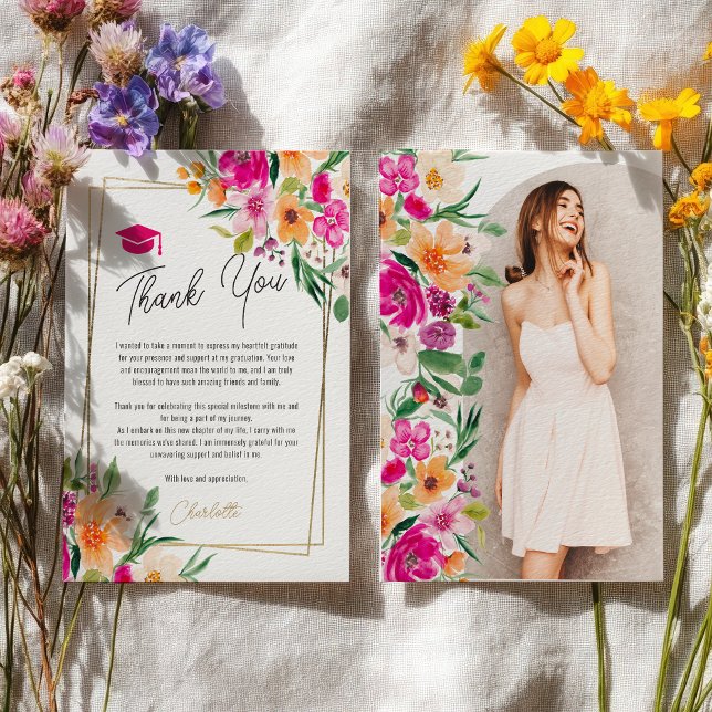 Fotofotot studenten i blommigten guld inbjudningar (Boho garden floral gold photo graduation invitation)