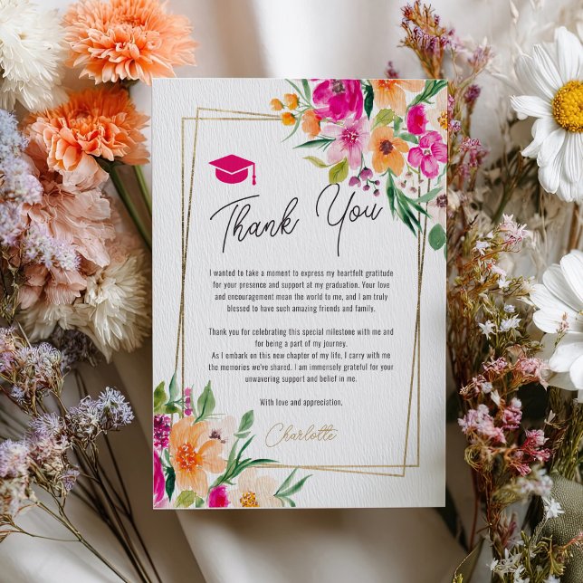 Fotofotot studenten i blommigten guld tack kort (Boho garden floral gold photo graduation thank you card)