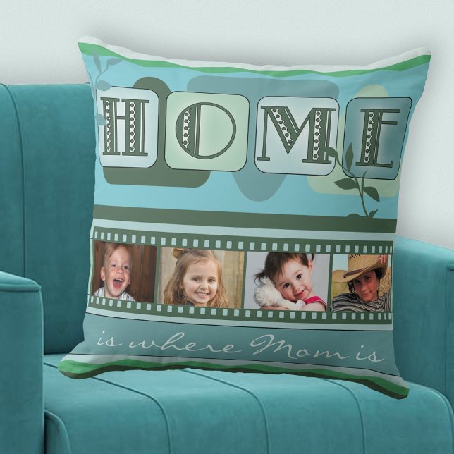 Fotofyllning av personlig Leafy Grönt Kudde (A modern teal green pillow with a "Home is ..." theme with your own photos - Mother's Day - birthday)