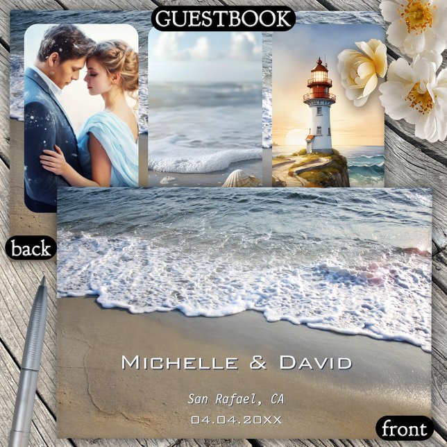 Fotogäst Bok i Nautical Beach Wedand (A pretty wedding guest book featuring waves crashing on the beach with custom photos on the back)