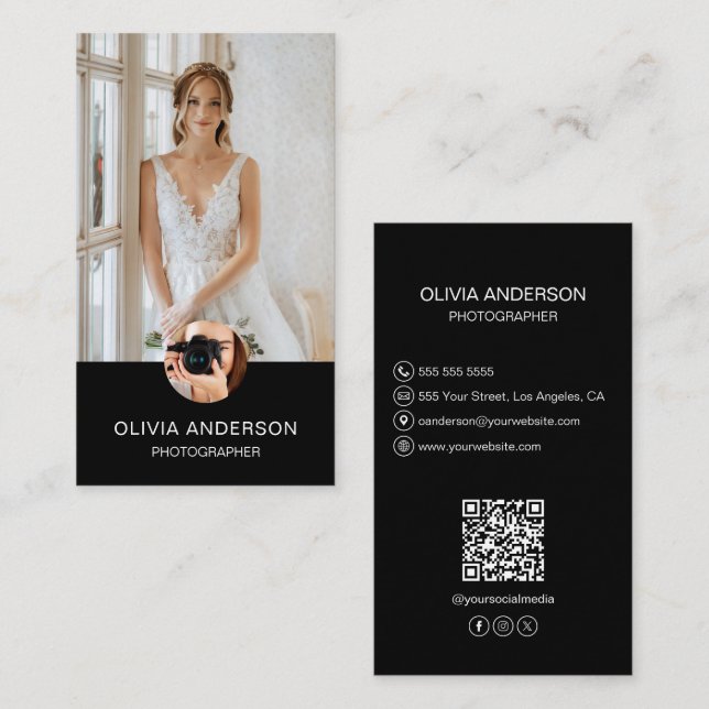 Fotograf 2 Bilder Anpassade Ikoner QR-kod Svart Visitkort (Fram/baksida)