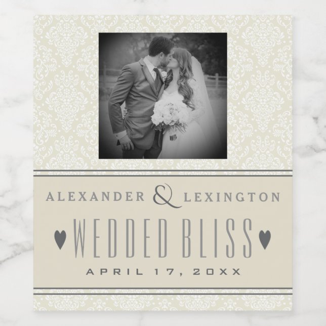 Fotograf Classic Elegant Damask Wedding Vinflaska Etikett (Singel etikett)