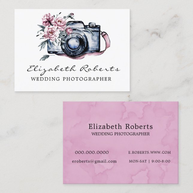 Fotograf för chic Rosa Blommigt Camera Bröllop Visitkort (Fram/baksida)
