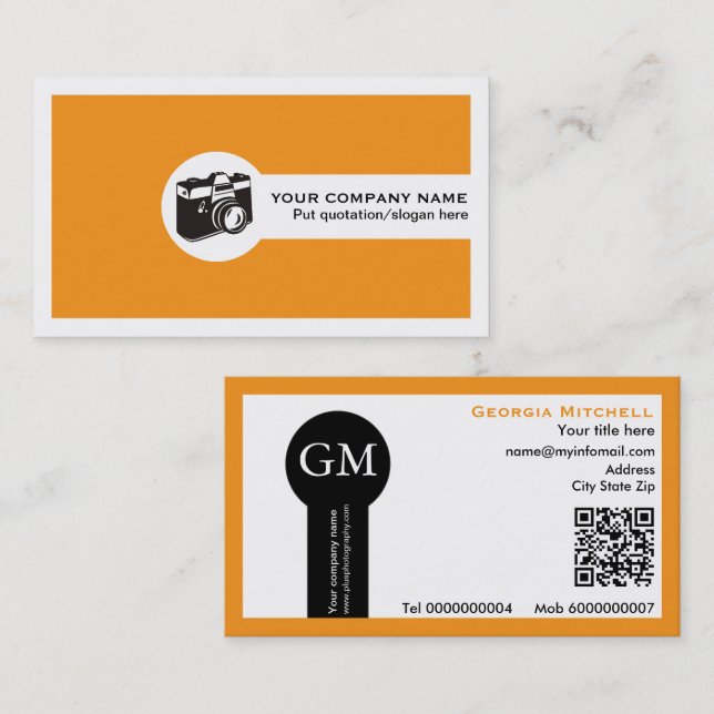 Fotograf kamera och QR-kod orange Visitkort (Fram/baksida)
